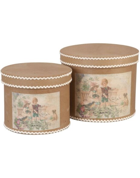 Set of 2 boxes antique brown children playing