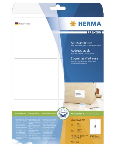 &Eacute;tiquettes dadresse HERMA Premium A4 99,1x93,1 mm blanc papier mat 150 pcs.