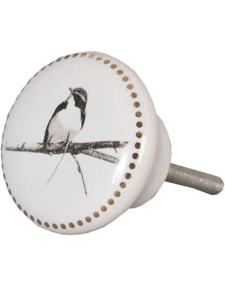 Clayre &amp; Eef 62344 Pomello per porta &Oslash; 4 cm Ceramica bianca grigia Uccelli tondi