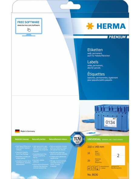 HERMA Etiketten Premium A4 wei&szlig; 210x148 mm Papier matt 20 St&uuml;ck