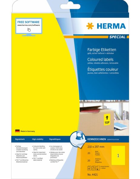 Etiquetas HERMA A4 amarillo 210x297 mm papel mate 20 unidades