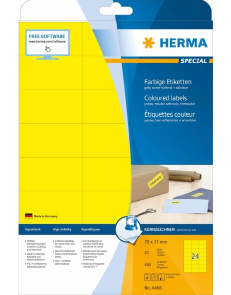 HERMA labels A4 yellow 70x37 mm paper matt 480 pieces