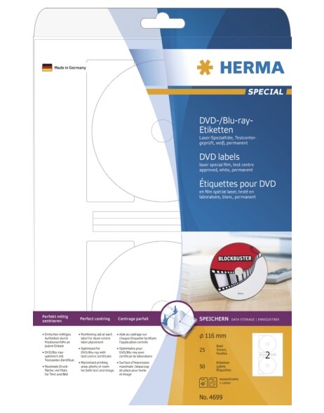 HERMA DVD--Blu-ray-Etiketten A4 wei&szlig; &Oslash; 116 mm Folie matt 50 St&uuml;ck