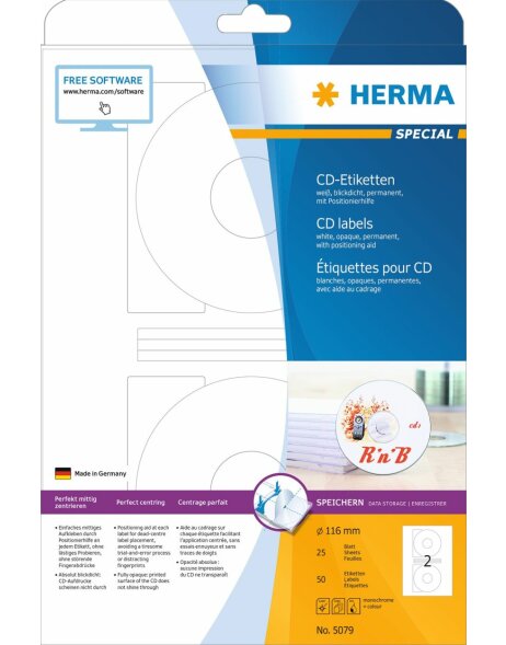 HERMA CD-Etiketten A4 wei&szlig; &Oslash; 116 mm Papier matt blickdicht 50 St&uuml;ck