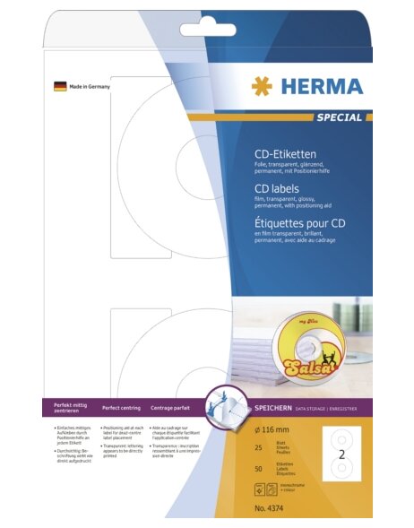 Etichette HERMA per CD A4 trasparenti &Oslash; 116 mm in lamina lucida 50 pezzi