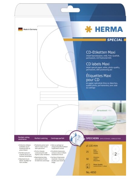 HERMA Inkjet CD-Etiketten A4 wei&szlig; &Oslash; 116 mm Papier matt 50 St.