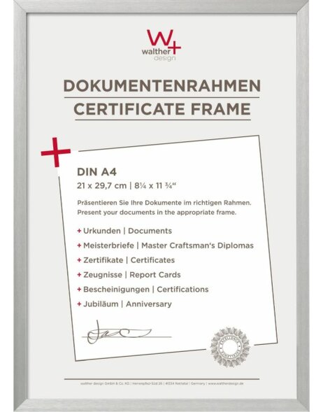 Walther din a4 aluminium fotolijst stoel zilver 21x29,7 cm certificaat fotolijst