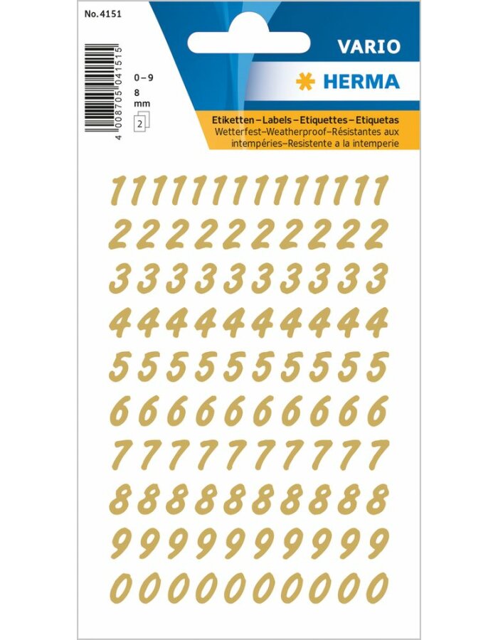 HERMA Zahlen Sticker 0-9 Folie geprägt gold auf schwarz 96 Sticker auf 2 Blatt