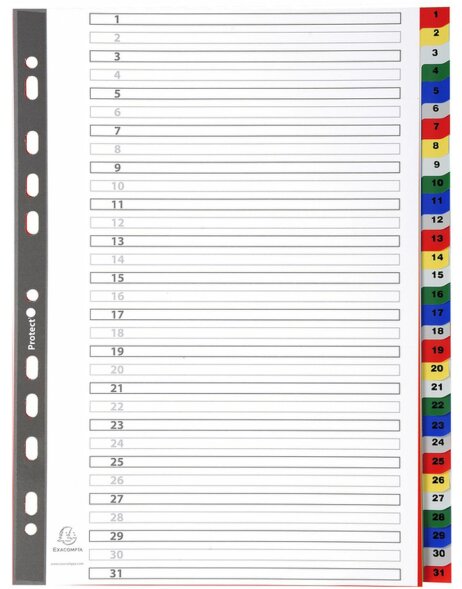Register aus PP farbig mit Zahlenaufdruck 31-teilig