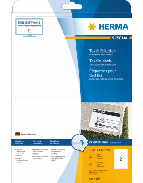 Herma SPECIAL Name/textile labels removable A4, 199,6 x 143,5 mm, white made of acetate silk, printable