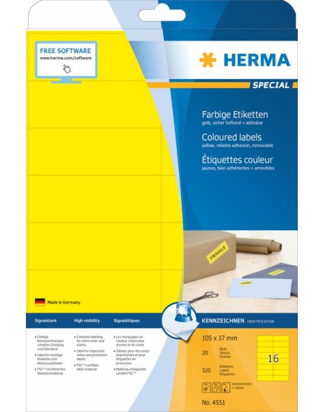 Herma SPECIAL Coloured labels A4, 105 x 37  mm, yellow, removable