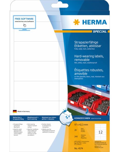 Herma SPECIAL Wetterfeste Folien-Etiketten A4, 97,0 x 42,3 mm, wei&szlig;, extrem stark haftend, wiederabl&ouml;sbar