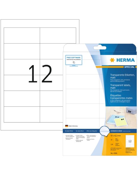 Herma SPECIAL Transparent film labels, matt A4, 97 x 42,3 mm, weatherproof, permanent adhesion