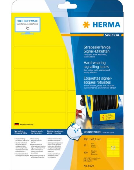 Etiquetas Herma SPECIAL de l&aacute;mina resistente a la intemperie, amarillas, A4, 99,1 x 42,3 mm, adhesi&oacute;n extremadamente fuerte