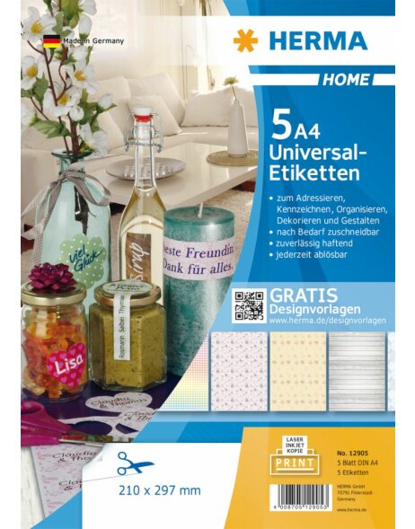 Herma HOME Universal removable labels A4, 210 x 297 mm, white, sticky again