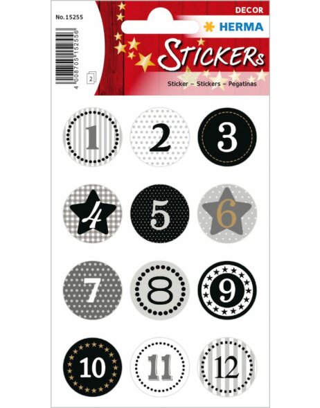 Herma DECOR Sticker Adventskalendersticker 1-24, Schwarz Goldpr&auml;gung