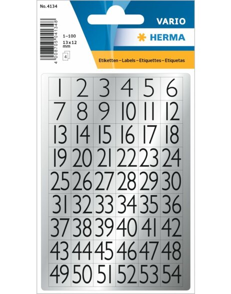 Herma Zahlen 13x12 mm 1-100 Silberfolie schwarz 4 Bl 