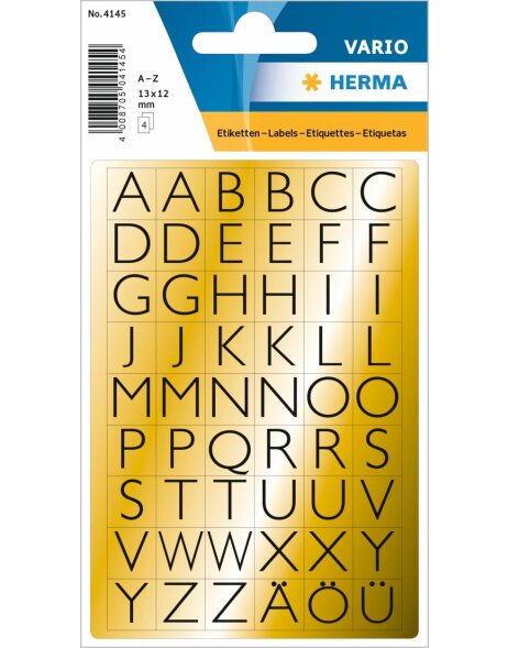 HERMA letras 13x12 mm A-Z pan de oro negro 4 hojas.