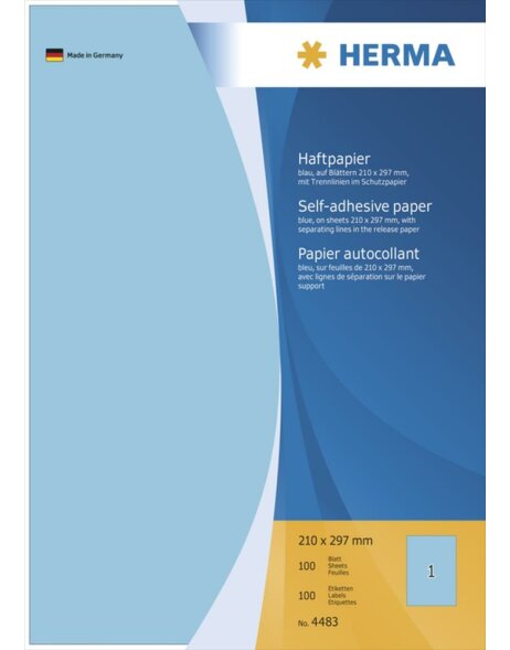 Papier adh&eacute;sif bleu 210x297 mm Papier mat 100 pcs.