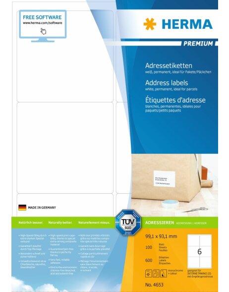 Etiquetas para direcciones Premium A4, papel blanco 99,1x93,1 mm mate 600 unid.