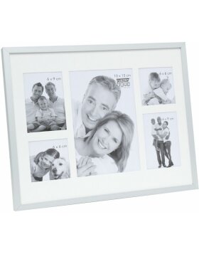S67AJ1 Multi picture frame in frosted silver with a white mount for 5 photos