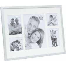S67AJ1 Multi picture frame in frosted silver with a white mount for 5 photos