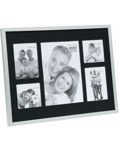 S67AJ1 Multi picture frame in frosted silver with a black mount for 5 photos
