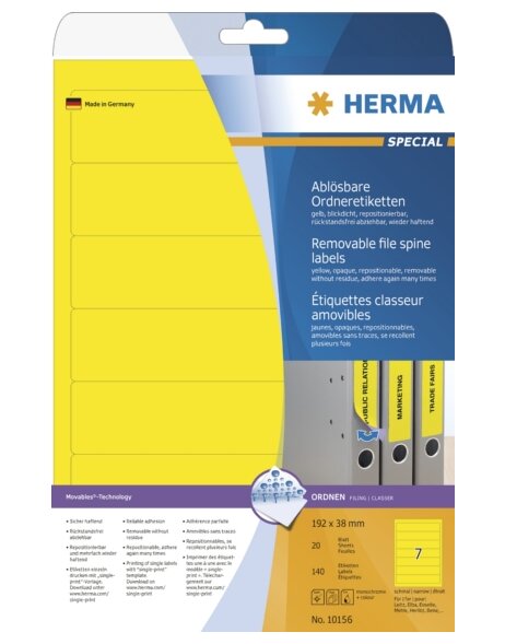Removable file labels A4 192x38 mm yellow Movables-removable paper matt opaque 140 pcs.