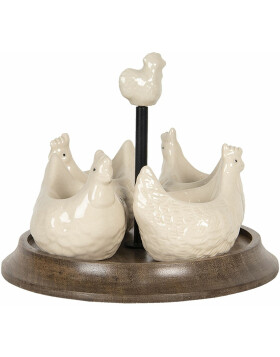 Egg cups rooster (4 pcs) on wooden tray Ø 19x16 cm Clayre & Eef 64545