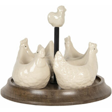 Egg cups rooster (4 pcs) on wooden tray Ø 19x16 cm Clayre & Eef 64545