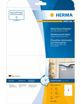 HERMA weatherproof inkjet labels A4, 105.0 x 148.0 mm, white, permanent adhesive
