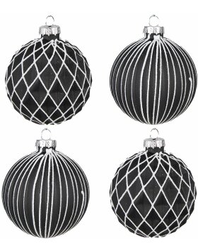 Clayre & Eef 6GL4133 Christmas Tree Ball Ø 8x8 cm (Set of 4) Black - White