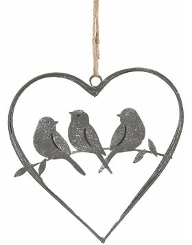 Clayre & Eef 6Y5559 Heart Hanger with Birds Grey 14x13 cm