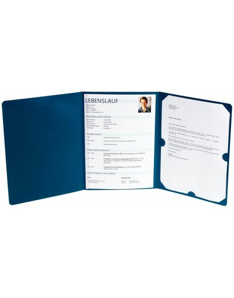 Dossier de candidature 3 parties avec 1 pince, capacit&eacute; 30 feuilles en carton Manila-Leder 400g Nature Future, DIN A4 bleu