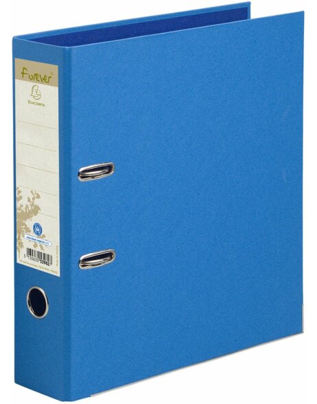 About width light blue folders made from recycled cardboard, 2 rings 80mm back, Forever, A4