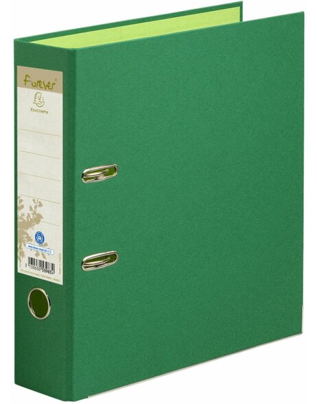 About width dark green folder made from recycled cardboard, 2 rings 80mm back, Forever, A4