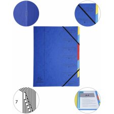 Dossier de classement en carton Manila 400g agrafé avec 7 compartiments et élastique, pour format A4 bleu