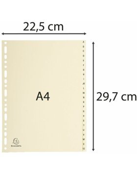 Register mit Beschriftungsfeld aus Standard Karton 155g mit 24 Positionen Taben A-Z, für Format DIN A4 Elfenbein