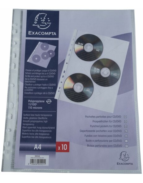 Paquet de 10 pochettes de protection perfor&eacute;es en PP lisse de qualit&eacute; 110 ?, 3 compartiments pour CD-DVD, pour format A4
