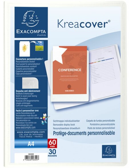 Twardy PP 800&micro; display folder z 30 kieszeniami Krea Cover, do formatu A4 Biały
