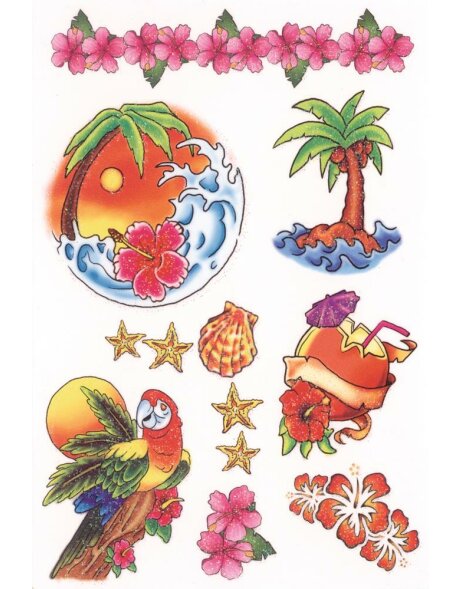 tatuaggi colorati e glitterati con motivi hawaiani della serie Coulour Art