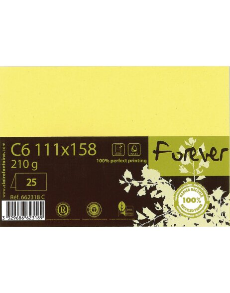 Carte double Forever C6 210g jaune citron 25 pi&egrave;ces