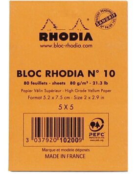 Bloc-notes agrafé et microperforé Rhodia, 5,2x7,5cm, 80 feuilles, 80g, quadrillé orange