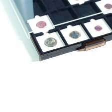 Pudełko na monety QUADRUM z 20 kwadratowymi przegródkami, 50x50 mm, kolor dymny z czarną wkładką