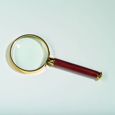 Handle magnifier with glass lens, rosewood handle, gold-plated metal frame 2x magnification Ø 80mm