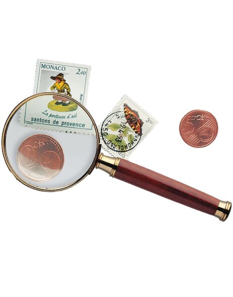 Handle magnifier with glass lens, rosewood handle, gold-plated metal frame 3x magnification &Oslash; 50mm