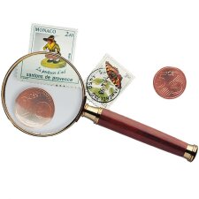 Handle magnifier with glass lens, rosewood handle, gold-plated metal frame 3x magnification Ø 50mm