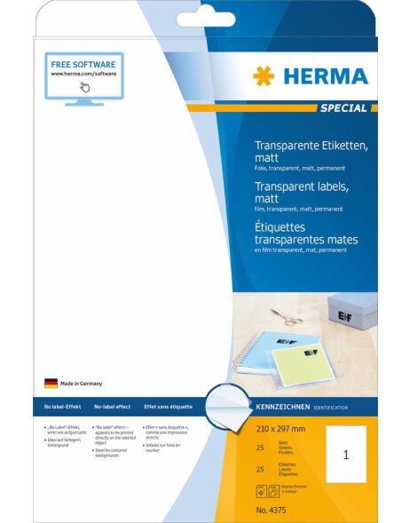 Etiquetas HERMA pel&iacute;cula transparente mate A4 210x297 mm 25 unid.