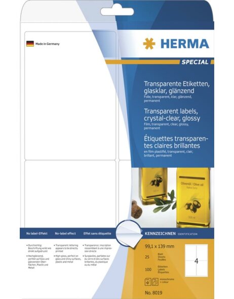 HERMA Labels transparent crystal-clear  A4 99,1x139 mm transparent clear film glossy 100 pcs.