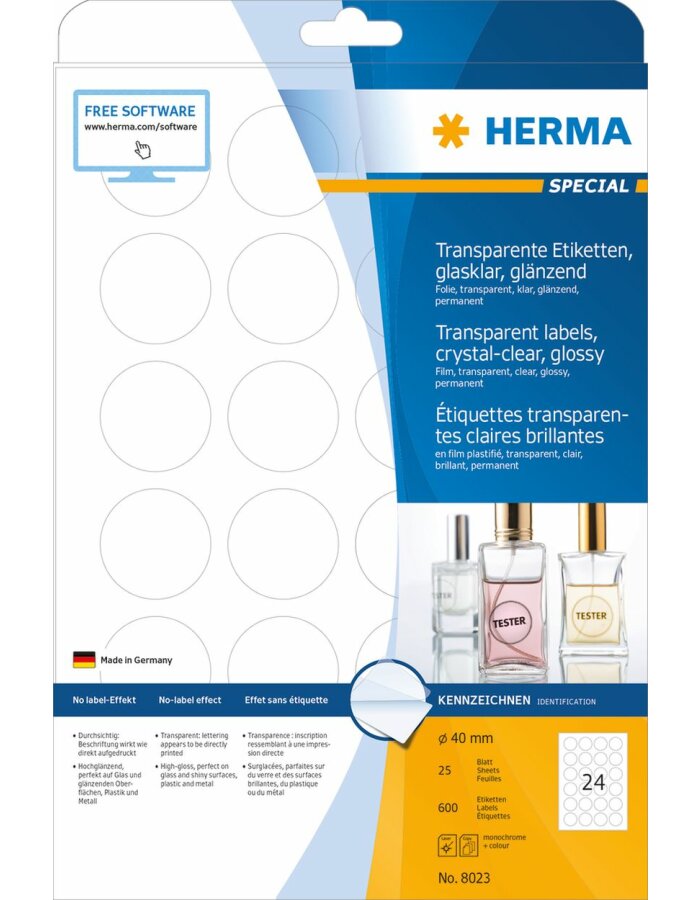 HERMA 8023 Etiketten transparent glasklar A4 Ø 40 mm rund transparent klar Folie 